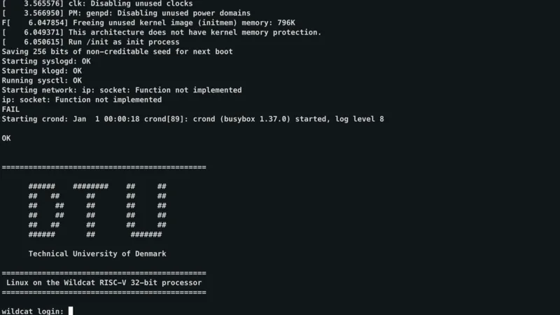 uCLinux booting to a login prompt on the Wildcat RISC-V simulator